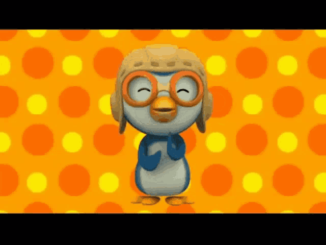 a cartoon penguin wearing glasses and a helmet on an orange background
