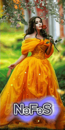 a woman in a yellow dress is holding a rose and the word nefos is on the bottom