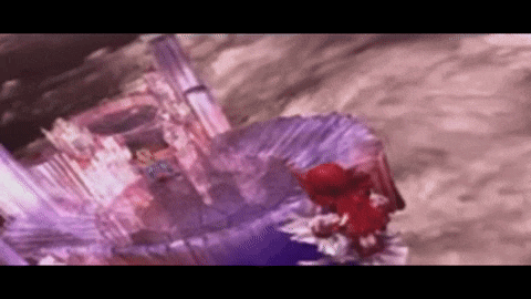 a red devil is standing in front of a purple castle .