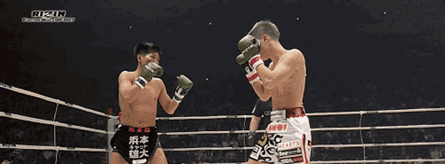 two boxers are fighting in a ring with the word rizin on the top