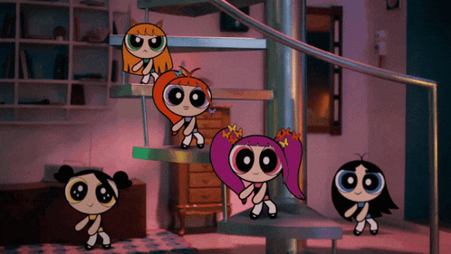 the powerpuff girls are dancing on a spiral staircase
