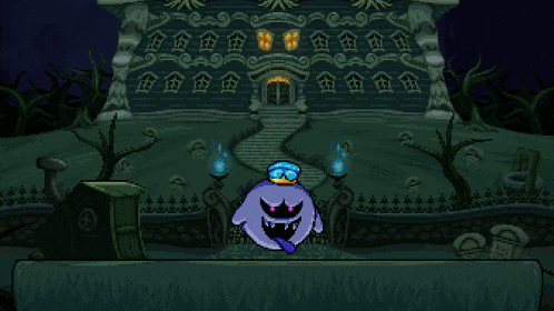 a pixel art drawing of a monster in front of a house