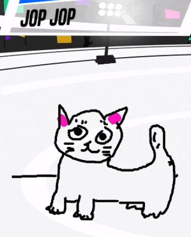 a drawing of a white cat with pink ears and the name jop jop