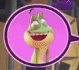 a cartoon frog is smiling in a purple circle .
