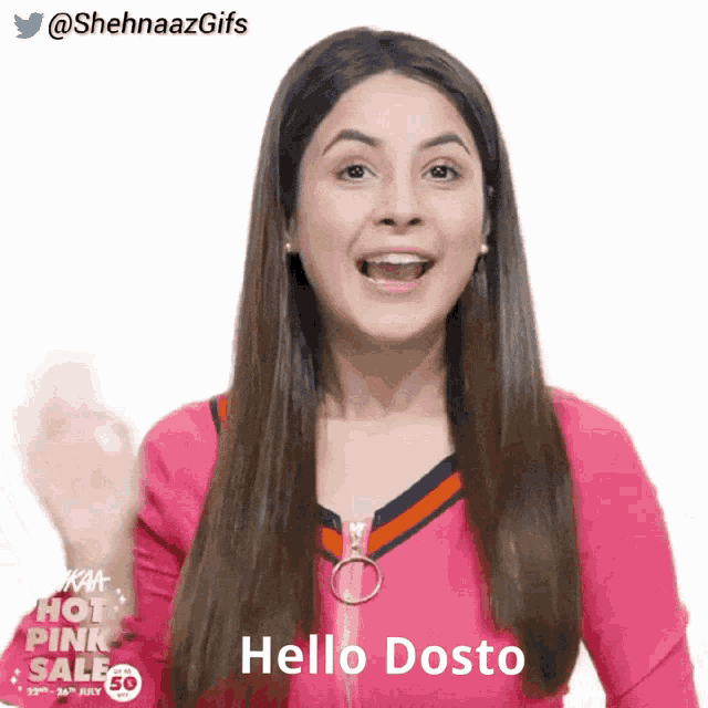 a woman in a pink shirt is saying hello dosto