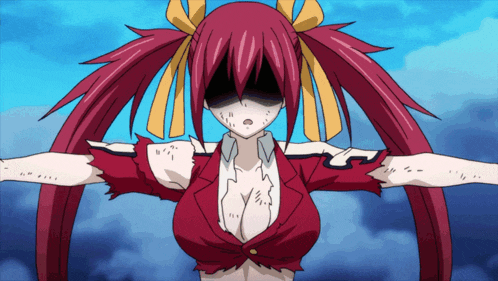 a girl with red hair and yellow ribbons on her hair stands with her arms outstretched
