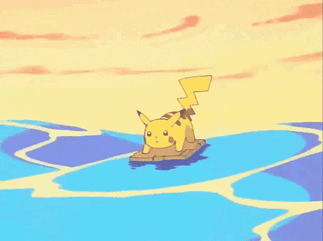 a pikachu is floating on a boat in the water