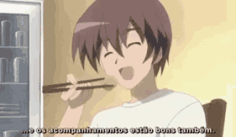 a boy is eating with chopsticks and the words " os acompanhamentos estão bons também " are above him