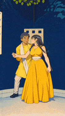 a man and a woman are standing next to each other in a room with the word honey on the bottom