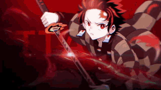 a cartoon character is holding a sword with a red background behind him .