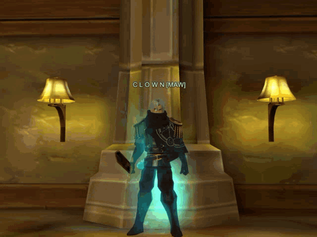 a man in a video game is holding a sword and the name clown mmw is above him