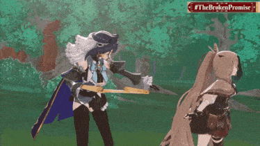 a video game character is holding a sword next to another character with the broken promise written on the bottom
