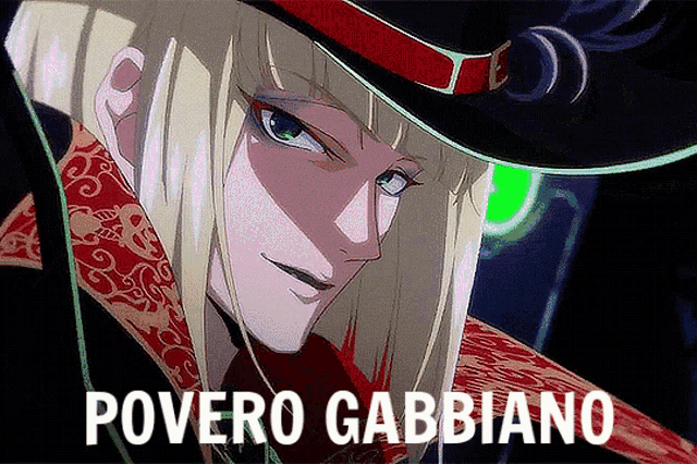 a close up of a person wearing a hat that says " povero gabbiano " on the bottom