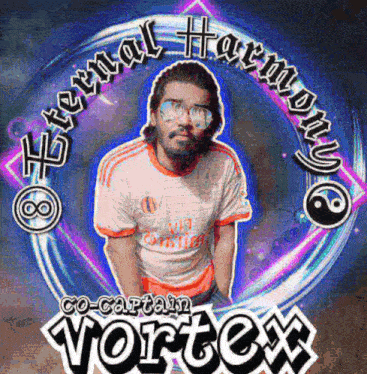 a picture of a man with glasses and the words eternal harmony