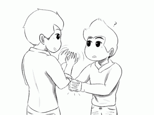 a black and white drawing of two men shaking hands and one has a question mark on his head .