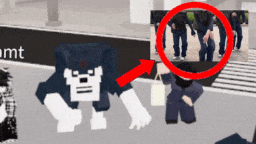 a screenshot of a video game with a red arrow pointing to a person