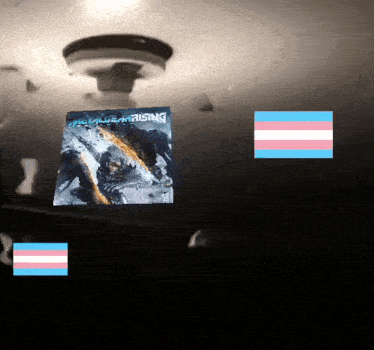 a transgender flag is next to a picture of a man holding a sword