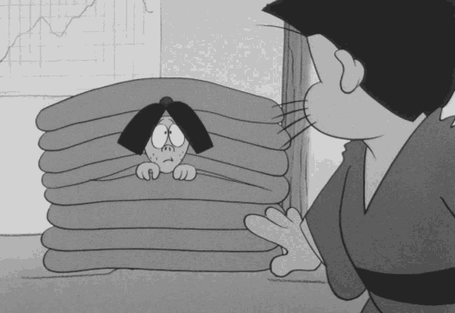 a black and white cartoon shows a man standing next to a pile of blankets