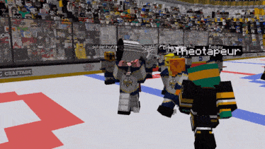 a group of minecraft players are standing on a ice rink with the word craftade in the background