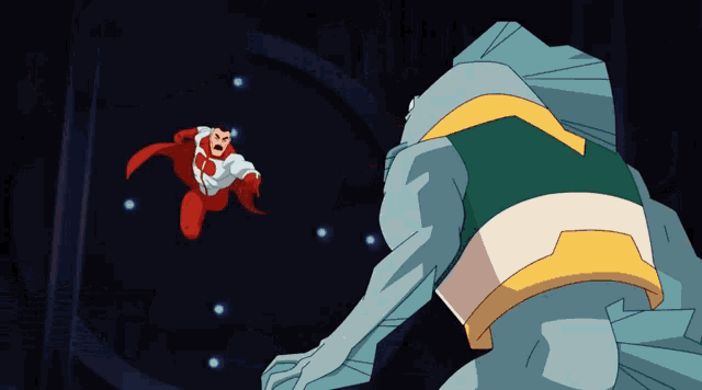 a cartoon of a man in a red cape fighting a giant