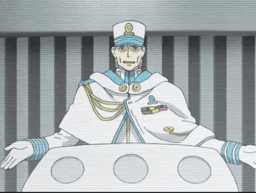 a man in a white cape and blue hat stands at a table