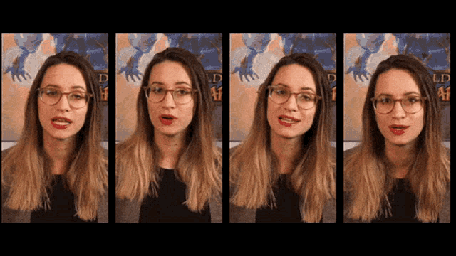four images of a woman with glasses and red lipstick with a world of warcraft poster in the background