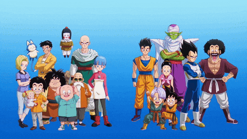 a group of dragon ball characters are standing together on a blue background
