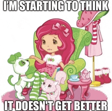 a cartoon of strawberry shortcake sitting in a chair with a dog and a cat