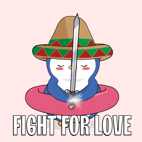 a penguin wearing a sombrero is holding roses and the words fight for love are below it