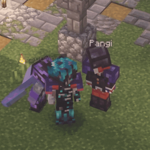 two minecraft characters are standing next to each other with the name fangi on the top