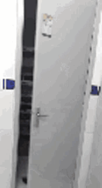a close up of a white door in a bathroom with blue tiles .