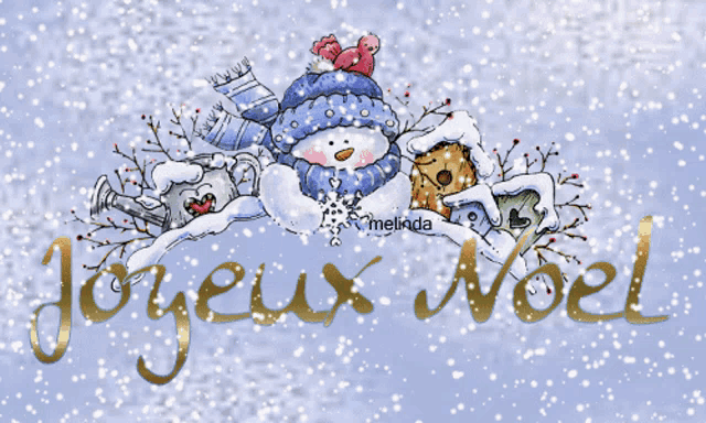 a merry christmas greeting card with a snowman and the words joyeux noel