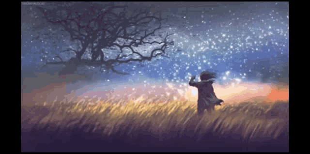 a painting of a person standing in a field at night with a tree in the background