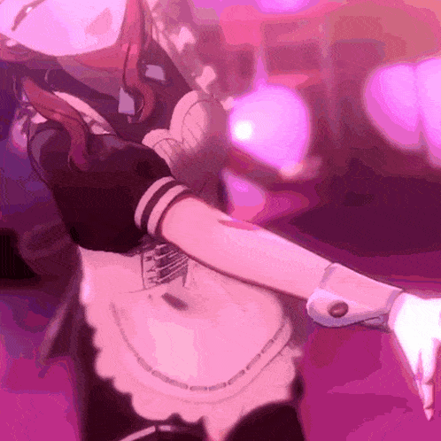 a woman in a maid costume is dancing in a pink background