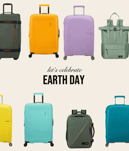 a collection of suitcases and backpacks with the words let 's celebrate earth day on the bottom