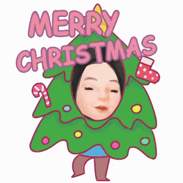 a cartoon of a woman dressed as a christmas tree with the words merry christmas written on it