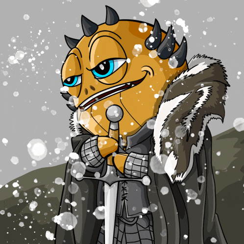 a cartoon of a dragon holding a sword in a snowy scene