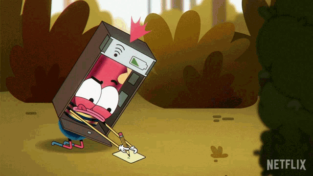 a cartoon character is writing on a piece of paper with a netflix logo behind him