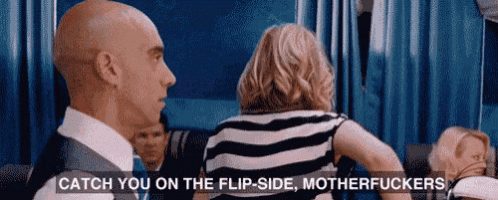 a man and woman on a plane with the words catch you on the flip side motherfuckers above them