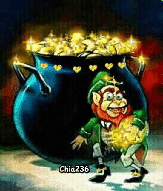 a cartoon of a leprechaun in front of a pot of gold with the name chia236 on the bottom