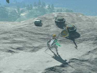 a video game character is standing in front of a compass on a rocky hillside