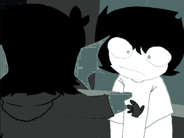 a black and white cartoon character with a green ear