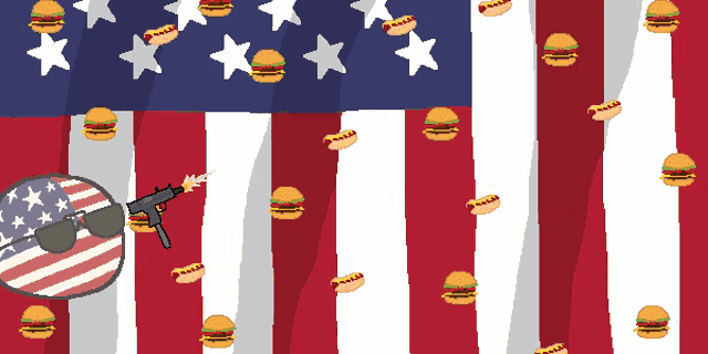 a cartoon of a man holding a gun in front of an american flag