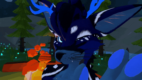 a blue and white cat with blue antlers is in a video game