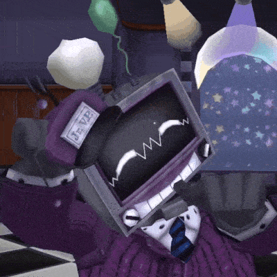 a cartoon character wearing a purple sweater and tie has a tag on his head that says j.t.vf.
