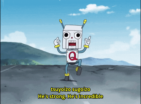 a cartoon character says tsuyoizo sugoizo he 's strong he 's incredible in yellow letters