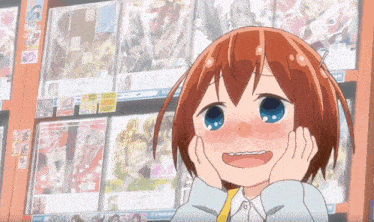 a girl with red hair is making a funny face in front of a shelf of books