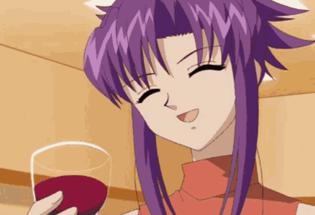 a girl with purple hair is holding a glass of red wine