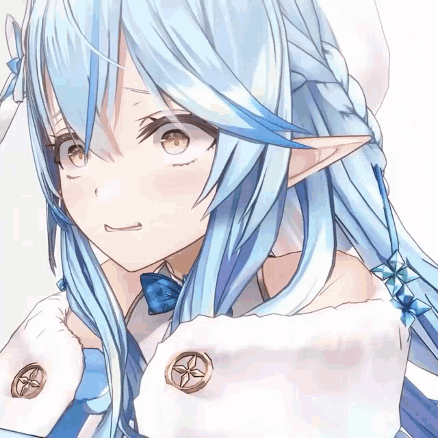 a close up of a blue haired anime character with gold buttons on her sleeves