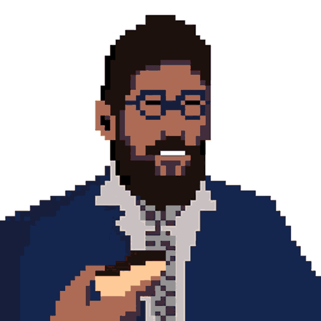 a pixel art drawing of a man with a beard wearing glasses